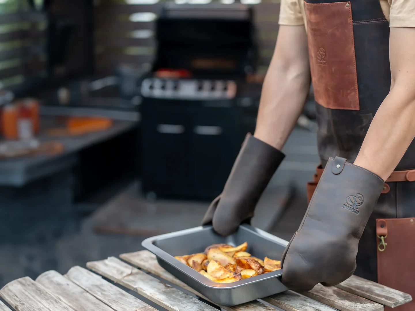 Leather Heat-Resistant BBQ Grilling Gloves, Brown