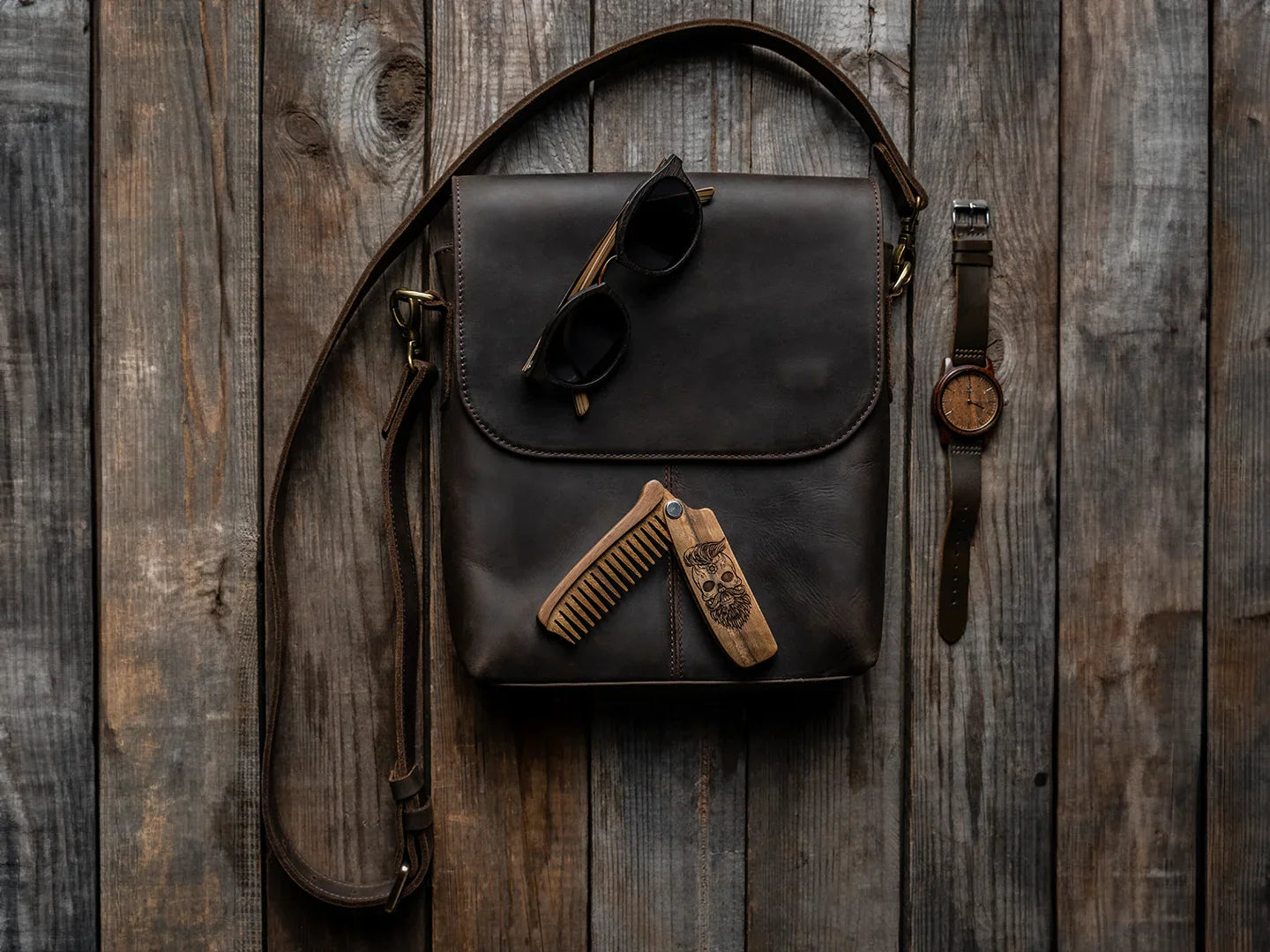 Grip – Leather Flap Over Shoulder Bag for Men, Chocolate