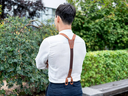 man brown suspenders back